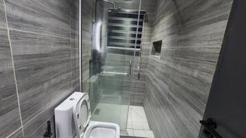Une salle de bain moderne dotée d’une douche à parois de verre, de toilettes et d’un bidet.