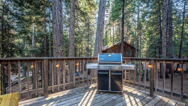 A deck with a grill and a small cabin in a forest. - Bennetts’ Bear Den | Game Room • Cozy Forest Cabin (Dorrington)