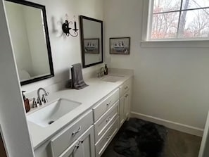 Hair dryer, towels, soap, toilet paper