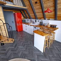 Suite Deluxe, vistas a la piscina | Cocina privada | Frigorífico pequeño, placa de cocina y utensilios de cocina