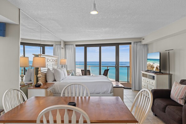 1 bedroom, iron/ironing board, free WiFi, bed sheets - New! Beachfront Studio with Covered Balcony, Beach Views, Pool, Tram (Miramar Beach)