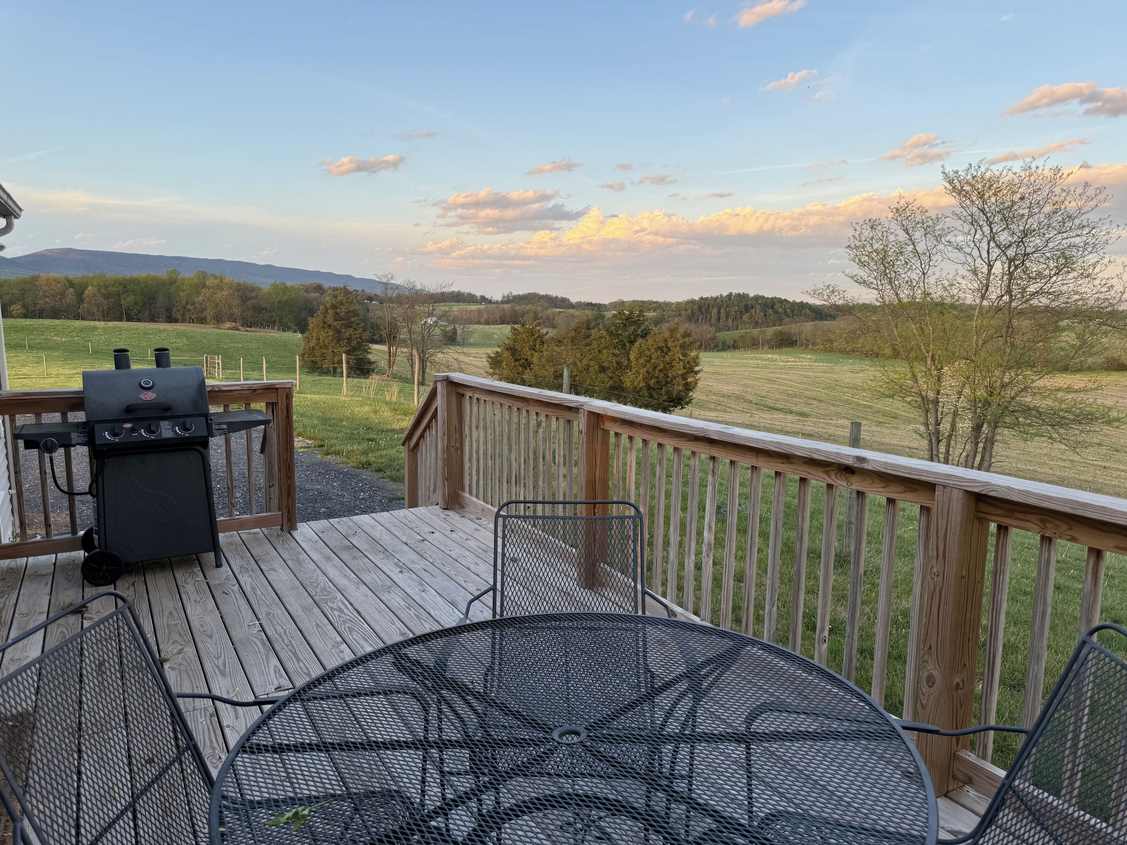 A deck with a grill, a round table, and chairs, overlooking a grassy field and trees.