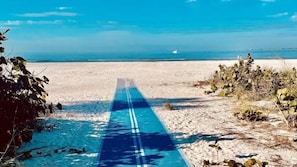 A beach with a blue path leading to the sea.