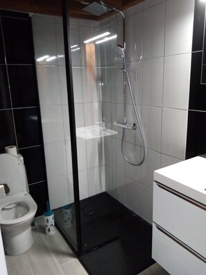 Chuveiro, secador de cabelo, toalhas de banho, sabonete