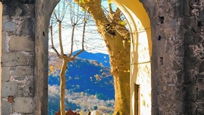 An arched stone doorway with a tree in the foreground and a mountain in the background. - CASA FIVIZZANO A vacation home in Tuscan style. Pet friendly (Fivizzano)