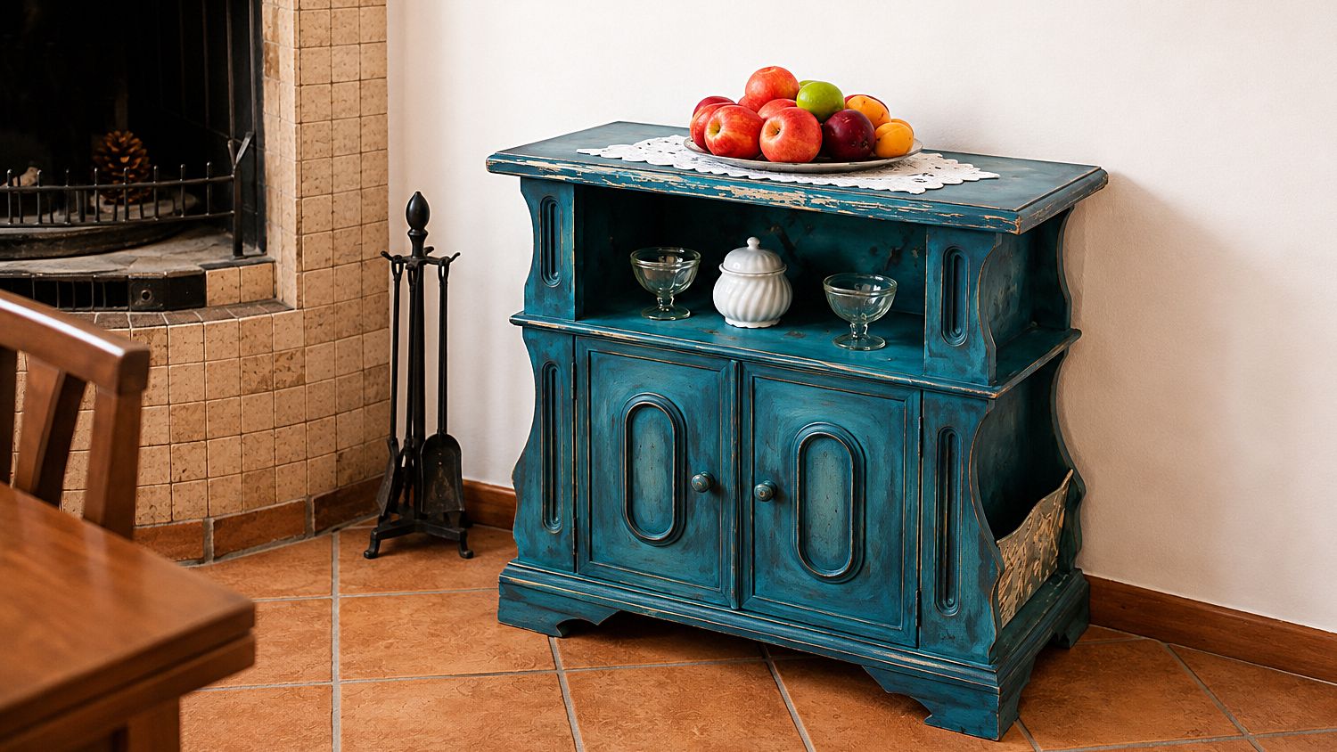 Ein turquoise-farbener Holzschrank mit zwei Türen und einer Ablage, vor einer Wand mit Fliesenboden.