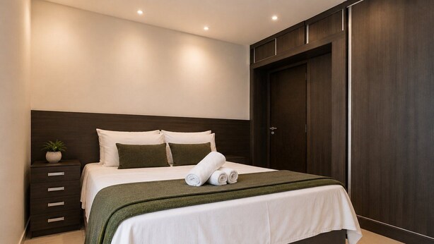 Un dormitorio moderno con una cama grande, una mesita de noche, un aparador y un armario de madera oscura.