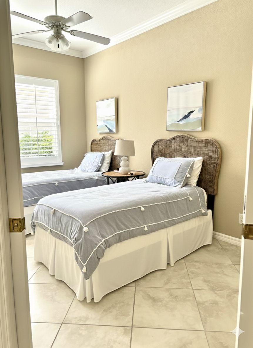 A bedroom with two beds, a ceiling fan, a window with blinds, and artwork on the walls.