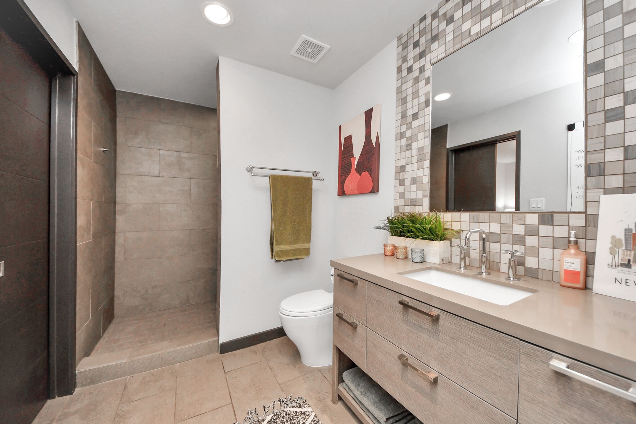 Hair dryer, towels, soap, shampoo