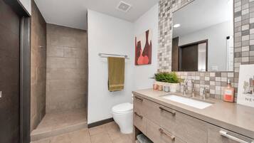 Hair dryer, towels, soap, shampoo