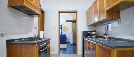 Residenza, balcone, vista città | Cucina privata | Frigorifero con congelatore, forno, piano cottura