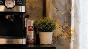 A kitchen with a coffee maker, a canister, and a potted plant on a shelf.