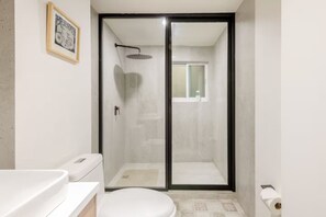 Een moderne badkamer met een douchecabine van glas, een toilet en een wastafel.