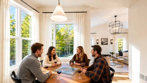A group of people seated around a round table in a well-lit room with large windows, a hanging light fixture, and a visible fireplace. - Luxury Cottage Escape | 2 King Beds + Fire Pit (Sister Bay)