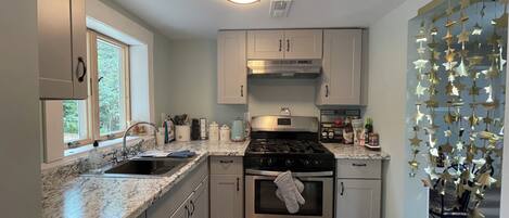 Een microgolfoven, een oven, een kookplaat