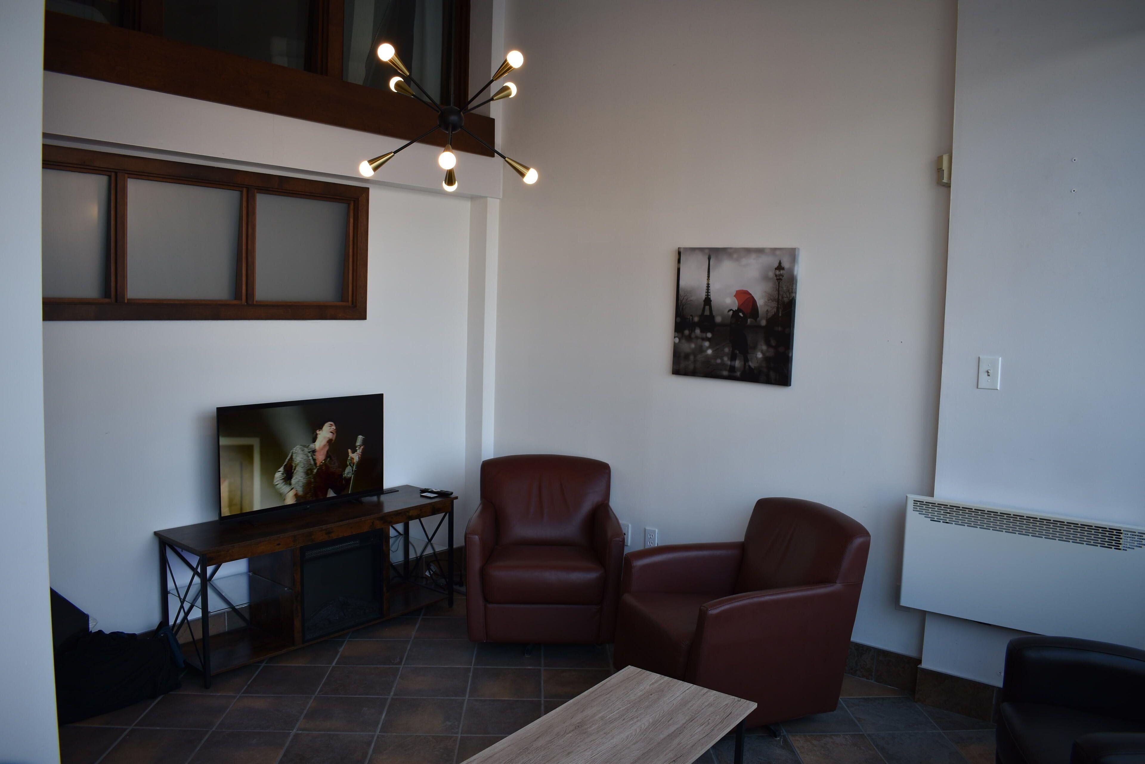 TV connectée, cheminée, livres