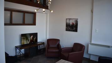 Smart TV, caminetto, libri