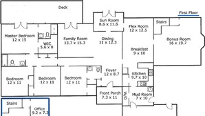 Een plattegrond van een huis met een terras, hoofdslaapkamer, gezinsruimte, eetgedeelte, serre, flexruimte, extra kamer, keuken, bijkeuken, garage, kantoor en diverse slaapkamers.