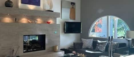 Televisión, chimenea y libros