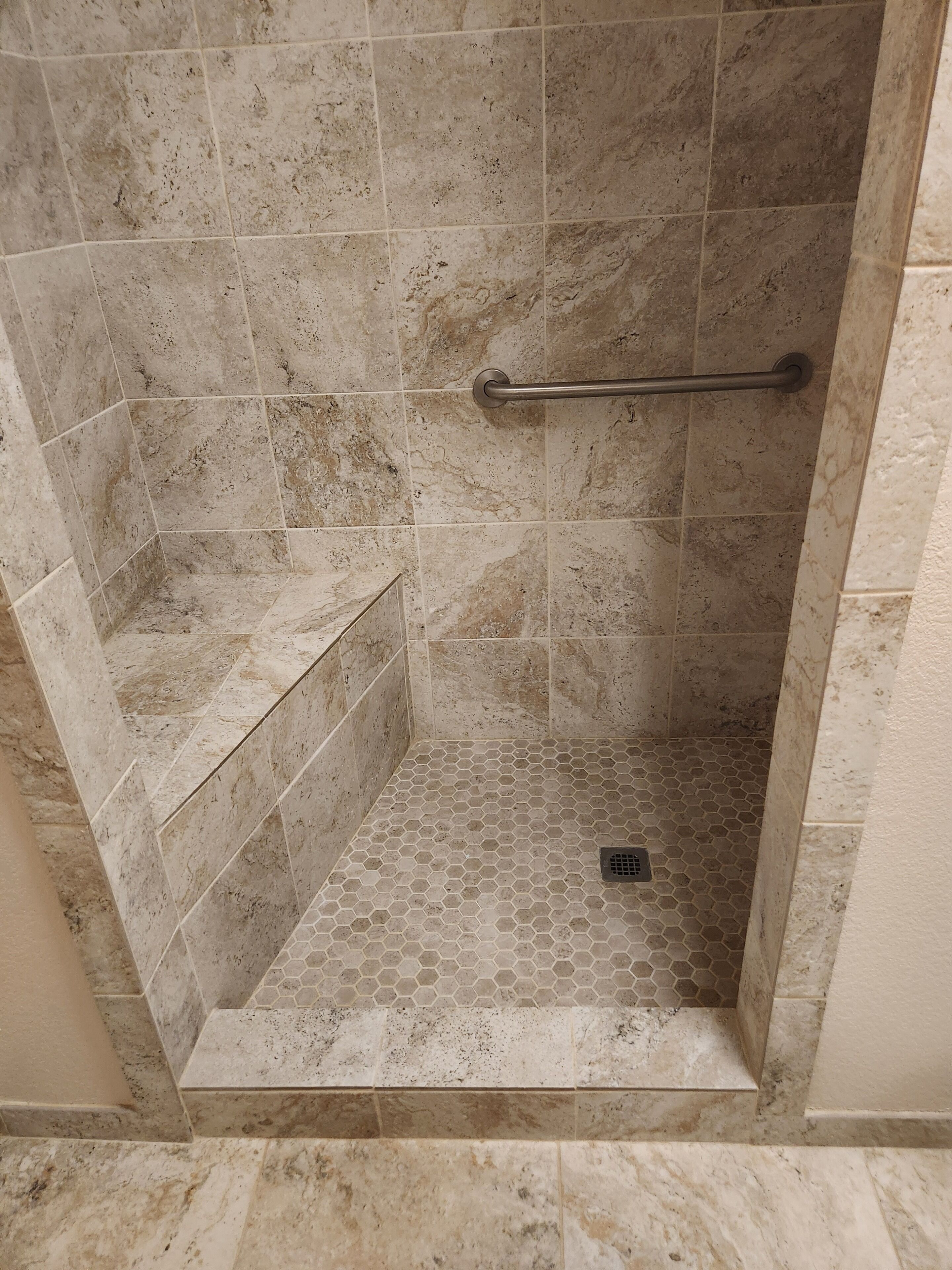 Shower, jetted tub, towels, soap