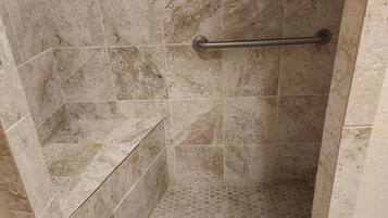 Shower, jetted tub, towels, soap