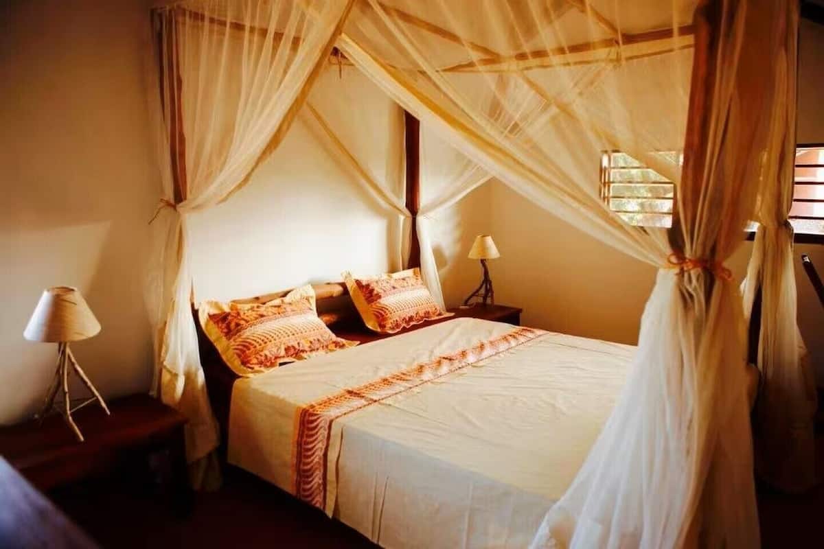 Een bed met hemel, twee bedlampjes en een nachtkastje.