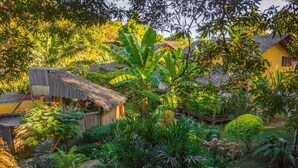 A rustic garden with a thatched-roof structure, lush greenery, and a yellow building in the background. - résidence Ambalamanga (Nosy Be)