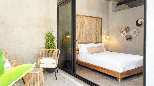 Un dormitorio con una cama, una silla y una planta en maceta.