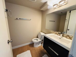 Douche, séchoir à cheveux, serviettes fournies, savon