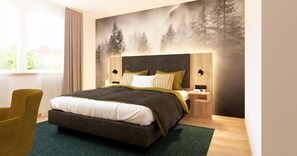 Un dormitorio moderno con una cama grande, una mesita de noche, una silla y un mural en la pared con un bosque.