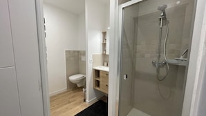 Et moderne badeværelse med en glasafskærmet brusekabine, toilet og et håndvaskspejl.