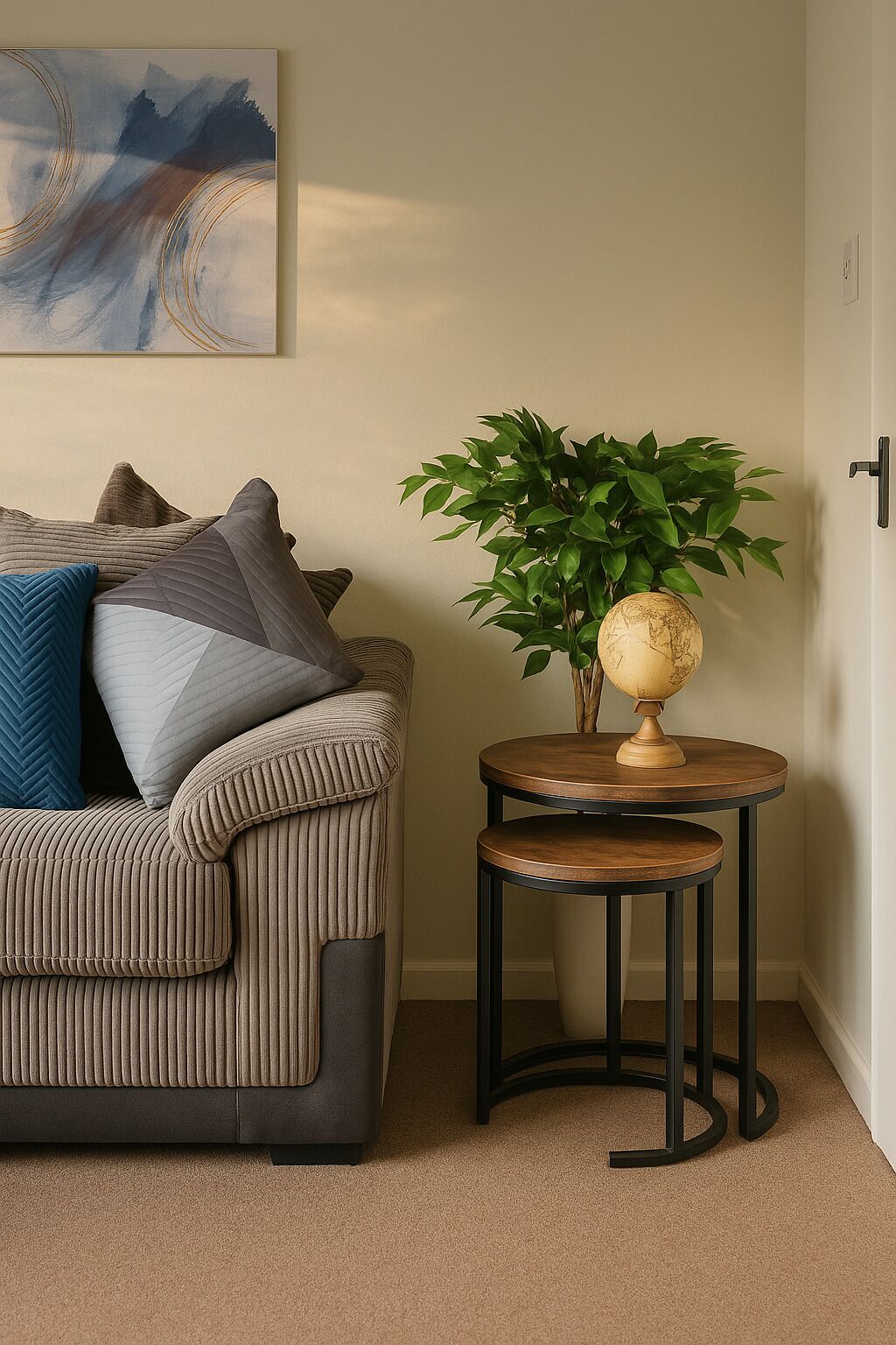 Un salon avec un canapé, des coussins, une table ronde en bois et une plante en pot.
