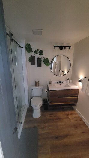 Un baño moderno con cabina de ducha de vidrio, inodoro, lavabo con espejo y suelo de madera.