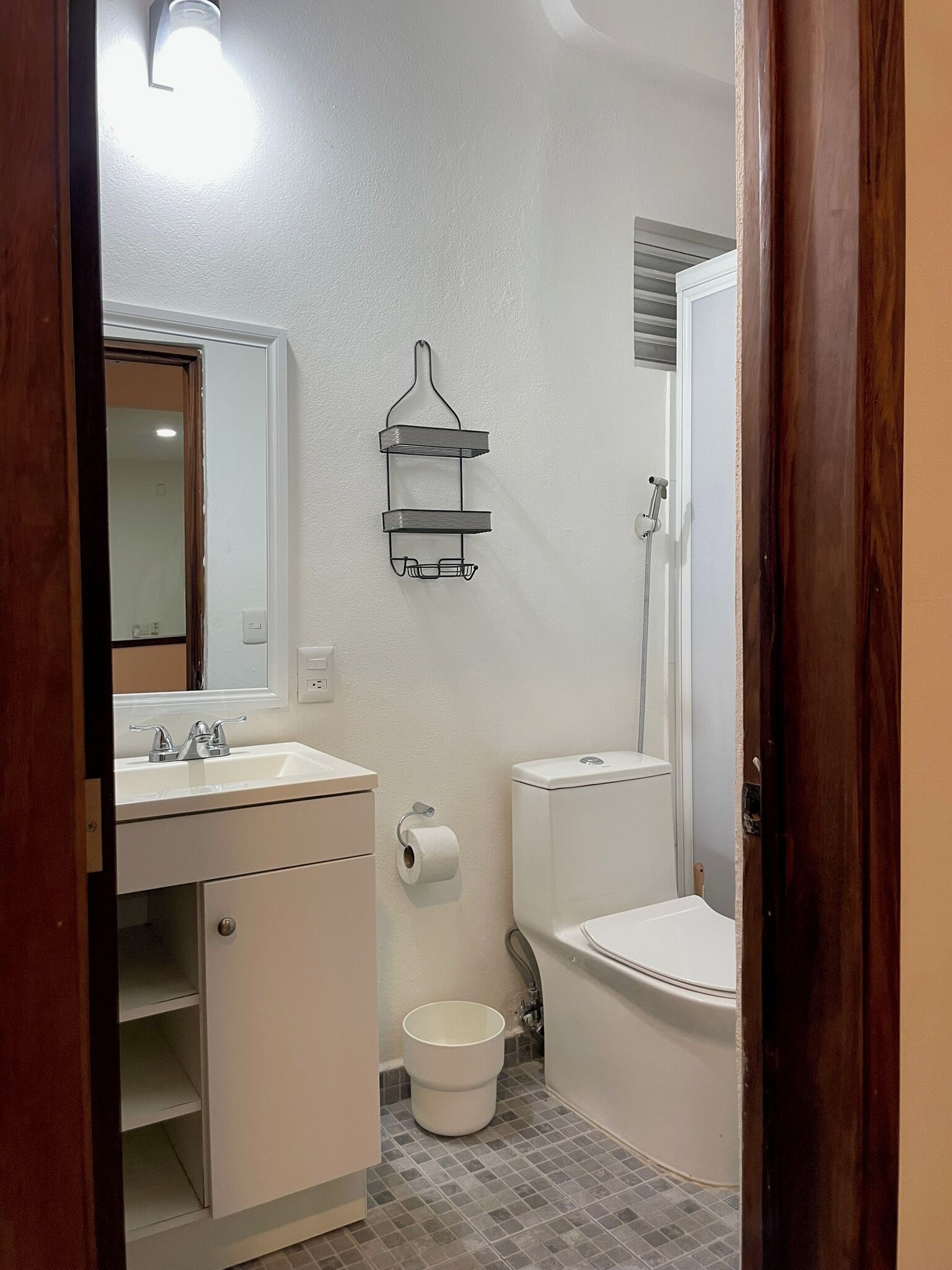 Secadora de cabello, bidet, toallas, jabón 