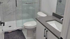 A modern bathroom with a glass-enclosed shower, a toilet, and a sink with a mirror.