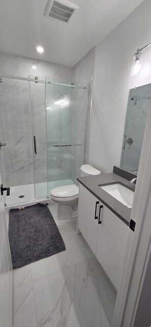 Douche, serviettes fournies, papier toilette