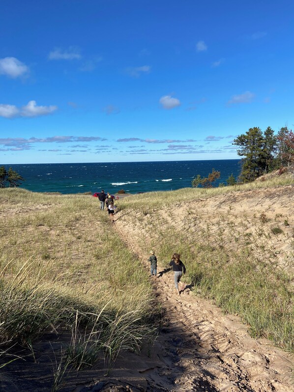 Un sentier sablonneux qui mène à une plage, avec un ciel bleu clair et l’océan en arrière-plan.