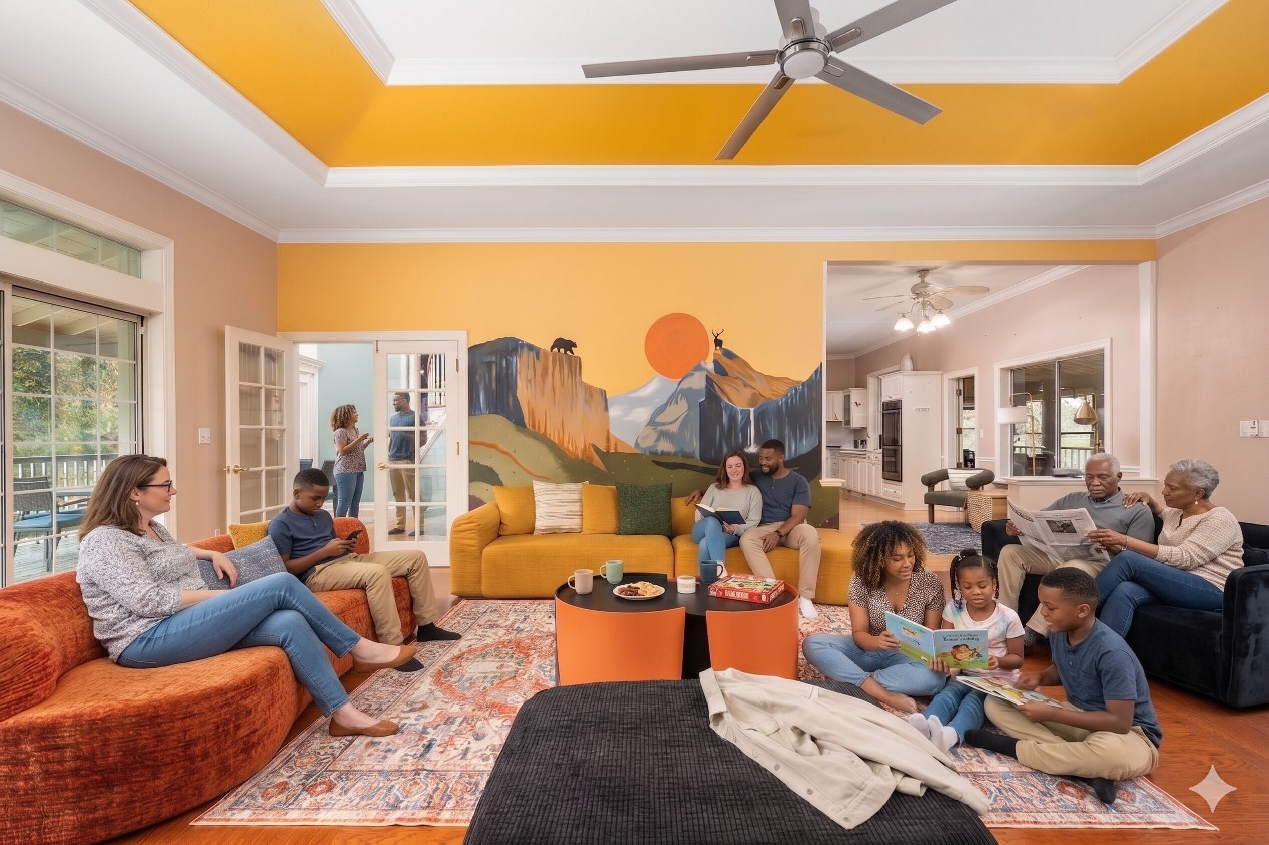 Un salon avec une fresque murale jaune, un ventilateur de plafond et un espace détente comprenant un canapé et des fauteuils.
