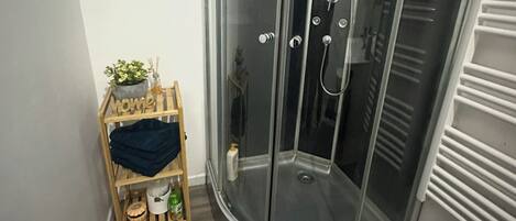 Shower, hair dryer, towels, soap