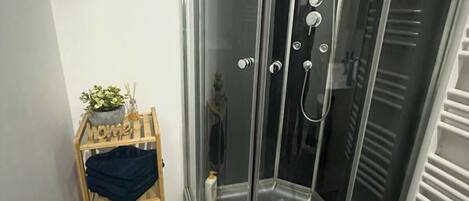 Shower, hair dryer, towels, soap