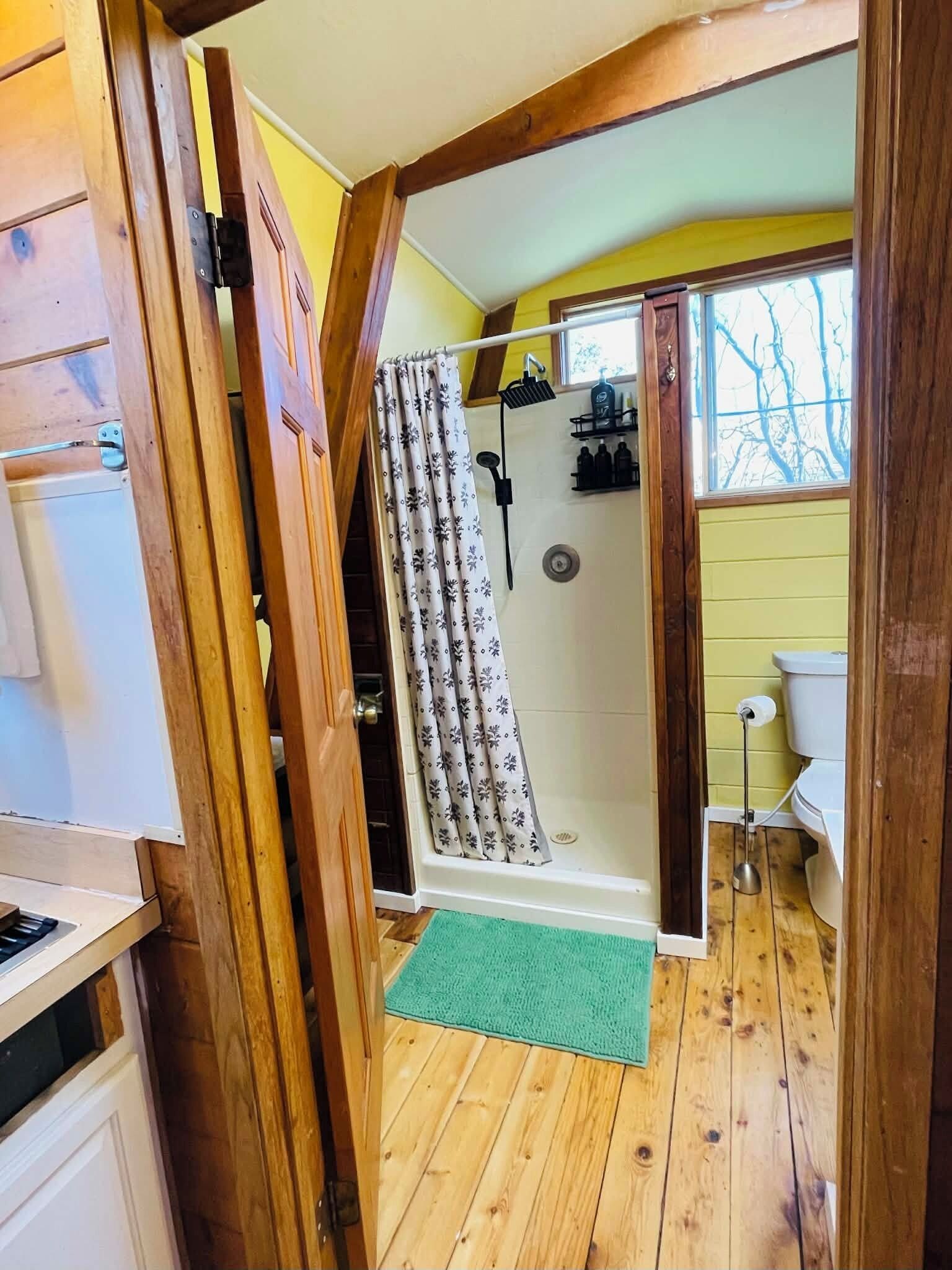 Shower, towels, soap, toilet paper