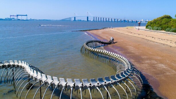 Een strand met een metalen hek en een brug op de achtergrond.