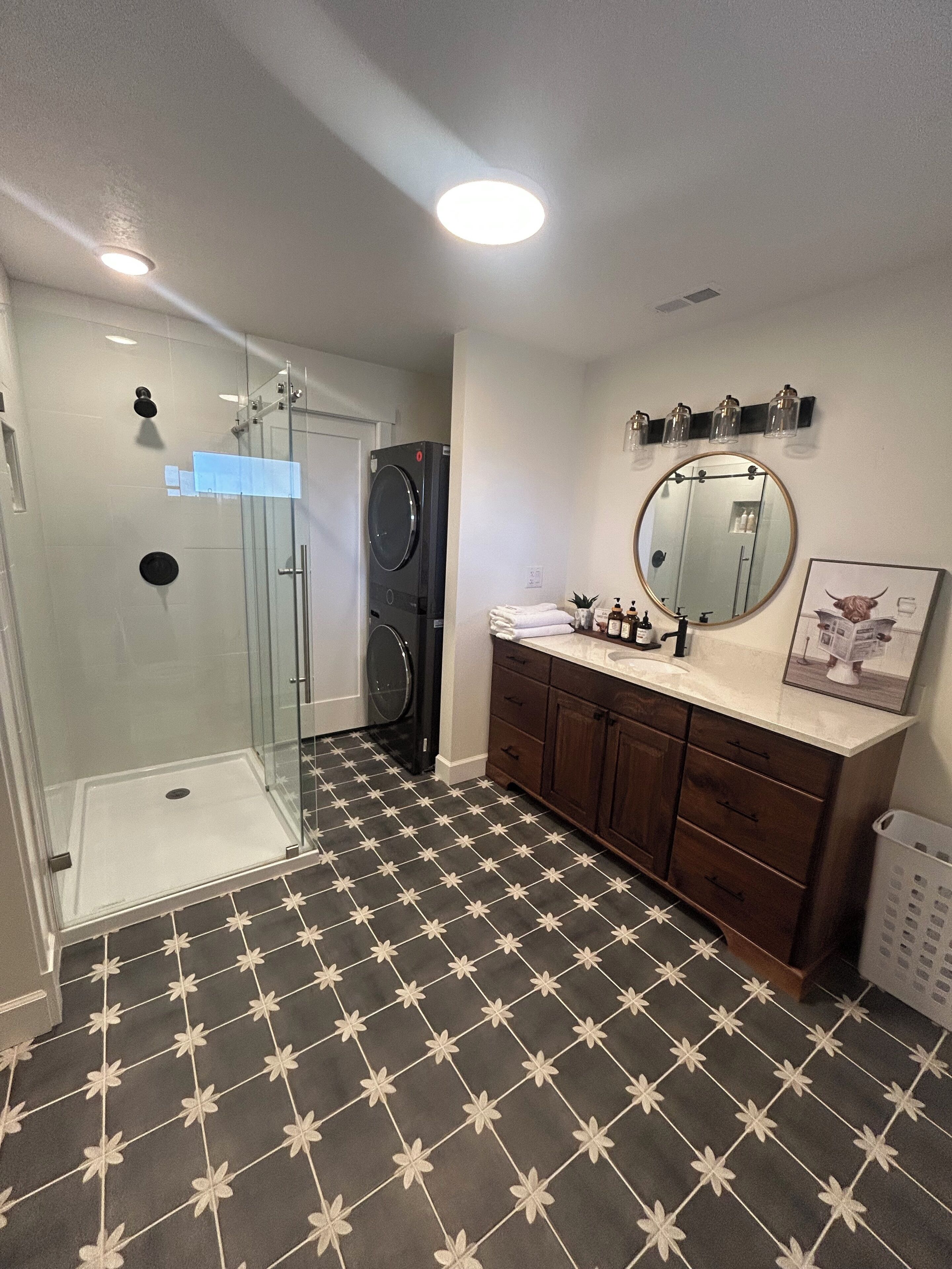 Hair dryer, towels, soap, toilet paper