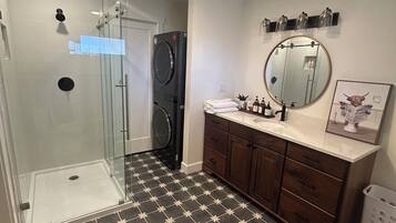 Hair dryer, towels, soap, toilet paper