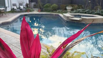 A swimming pool with a house and garden in the background.