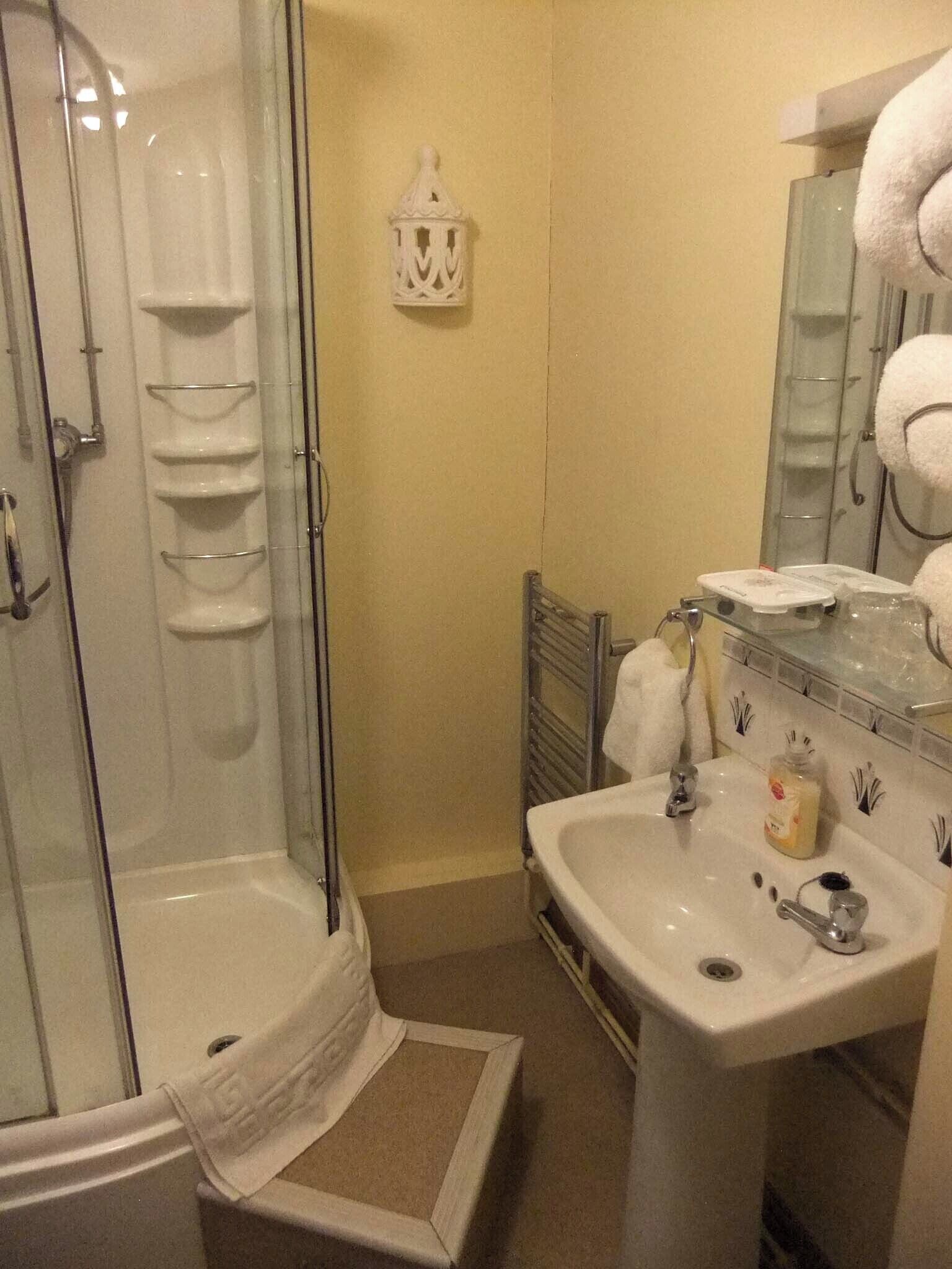A bathroom with a glass shower enclosure, a sink with a mirror, and a towel rack.
