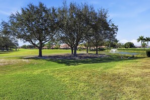 Un parque con árboles, una fuente y un estanque.