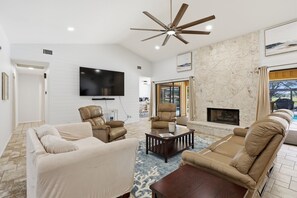 Smart TV, fireplace, video games, DVD player