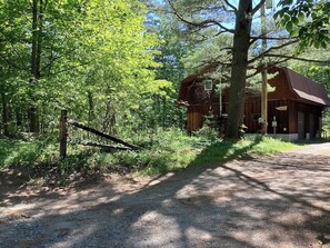 A rustic cabin with a dirt path leading to it, surrounded by dense green foliage. - Camp Lily, Whiteface-Vacation, Modern  Apartment, Perfect 2 bedroom with AC (Wilmington)