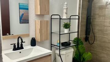 Shower, hair dryer, towels, soap